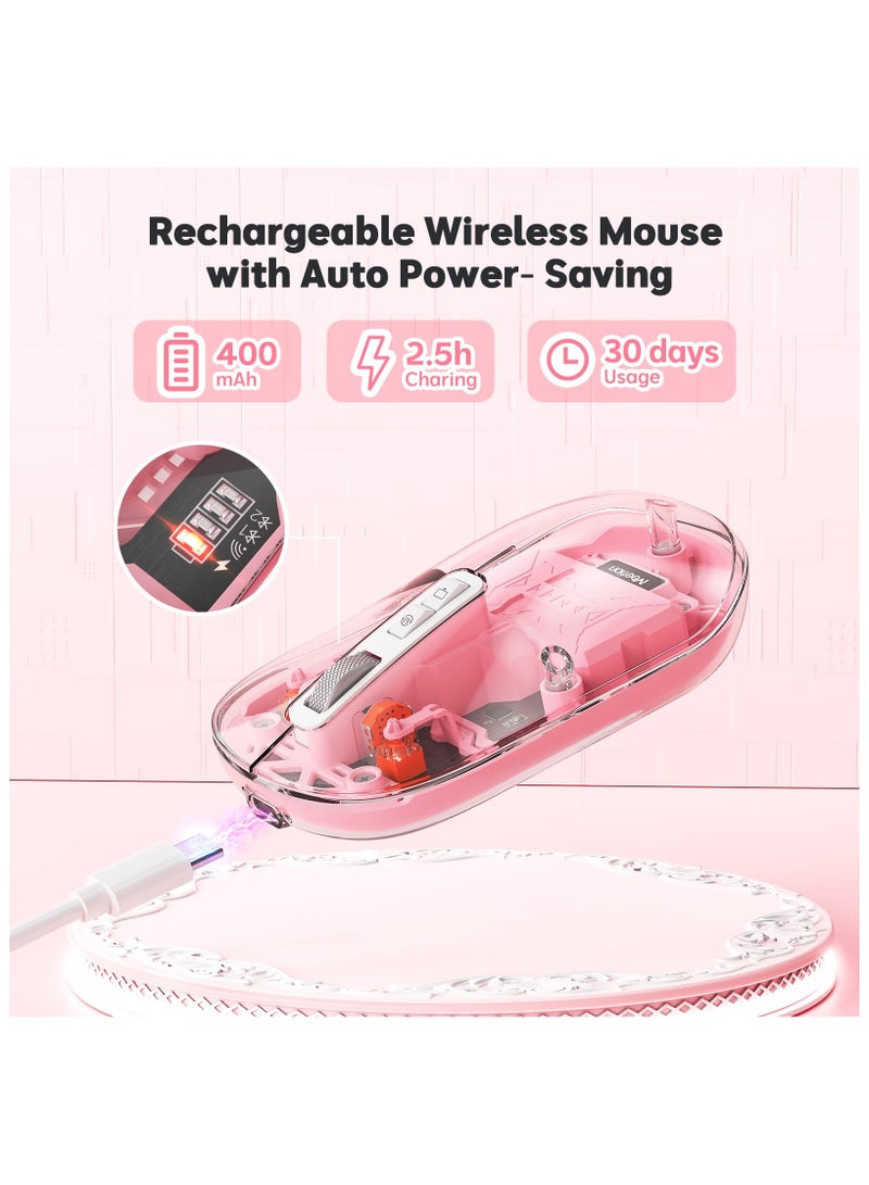 Wireless Mouse Rechargeable, Multi Device Transparent Bluetooth Mouse, Slim Mouse with USB Receiver, 4 Adjustable DPI Small Mouse Silent Click for PC, Laptop, Notebook, Mac, iPad - Pink