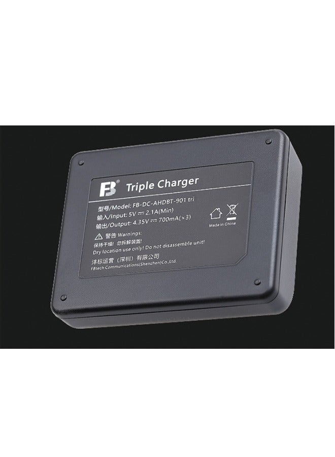 Triple-Slot Battery Charger for GoPro 12, 11, 10 - Includes Charging Cable