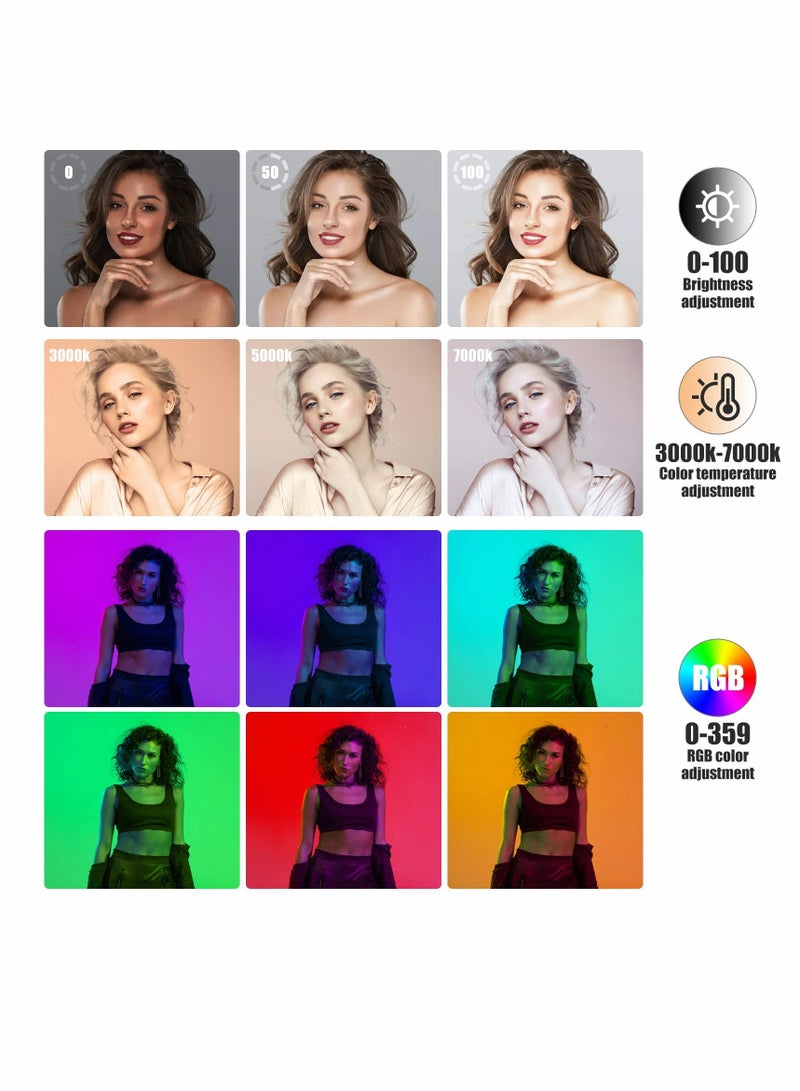 RGB LED Video Light,with Remote Control, 360°Full Color Camera Light with 3 Cold Shoe, 2000mAh Rechargeable Photography Light 3000k-7000K Dimmable Panel Lamp for YouTube/TikTok/Vlog/Photography