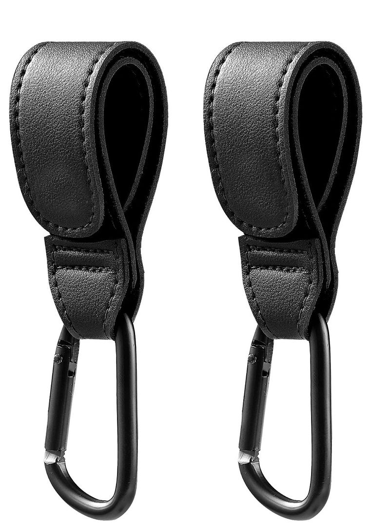 Baby Stroller Hooks Bag Hooks for Hanging Diaper Bags Multipurpose Velcro Hooks for Grocery Shopping Bags Premium Vegan Leather Pram Straps 2 Pcs, Black