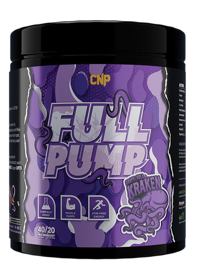 Full Pump Pre-Workout 300g, Grape Kola Kraken Flavor, High-Stim Energy, Enhanced Nitric Oxide, Muscle Pump Formula