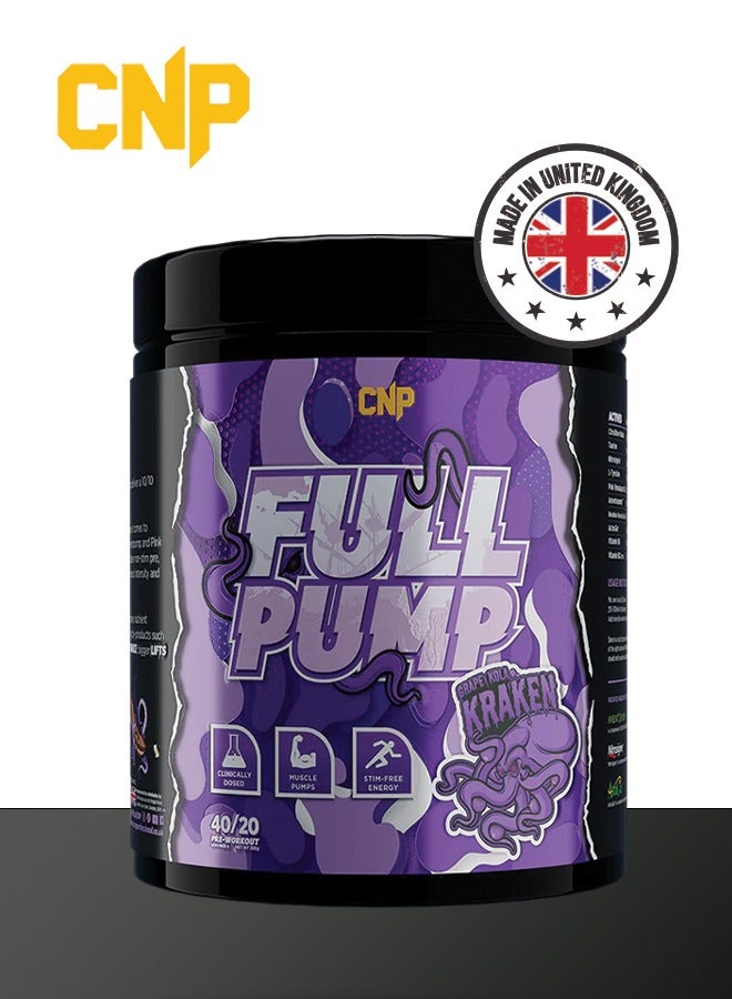 Full Pump Pre-Workout 300g, Grape Kola Kraken Flavor, High-Stim Energy, Enhanced Nitric Oxide, Muscle Pump Formula