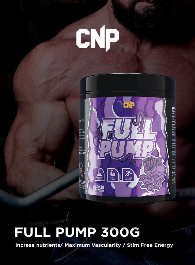 Full Pump Pre-Workout 300g, Grape Kola Kraken Flavor, High-Stim Energy, Enhanced Nitric Oxide, Muscle Pump Formula