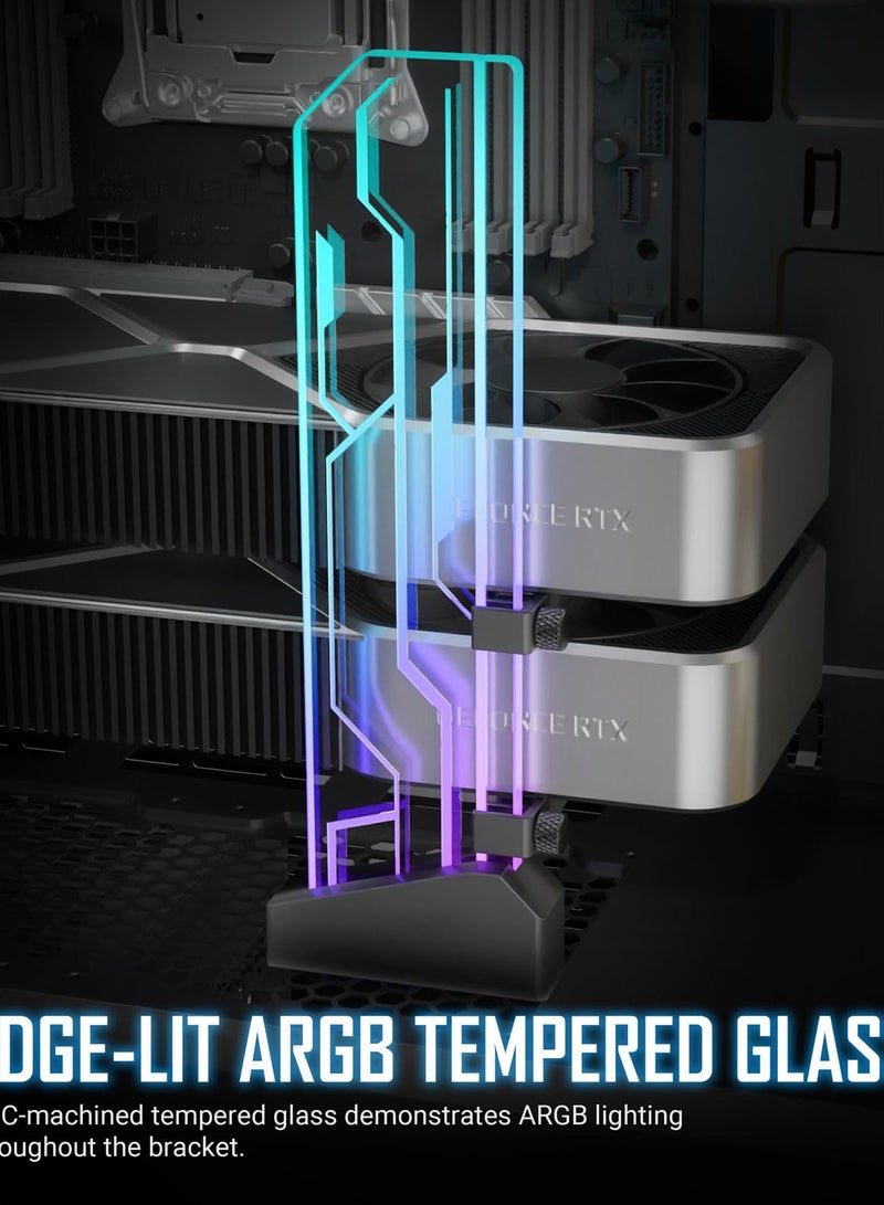 RGB GPU Support Bracket, Graphics Card Holder, Tempered Glass, Addressable RGB 5V 3PIN RGB Connector, Transparent Universal GPU Bracket, Multiple Orientations Connector, Infinity Mirror Design