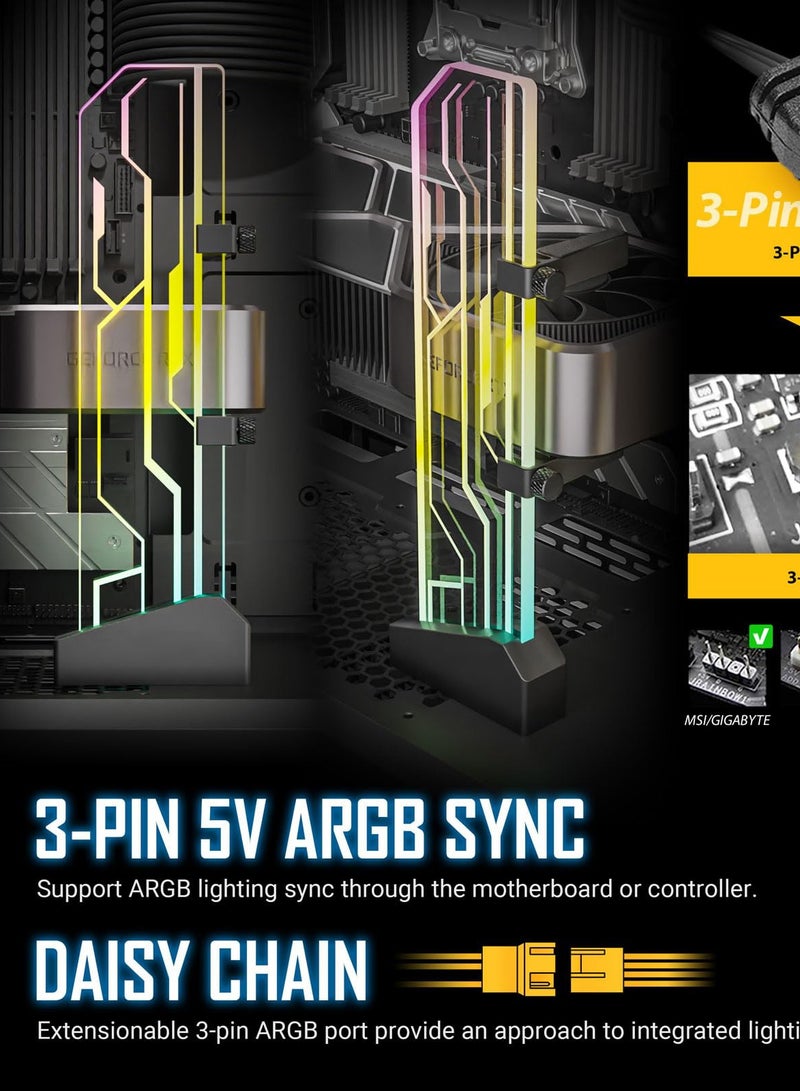 RGB GPU Support Bracket, Graphics Card Holder, Tempered Glass, Addressable RGB 5V 3PIN RGB Connector, Transparent Universal GPU Bracket, Multiple Orientations Connector, Infinity Mirror Design