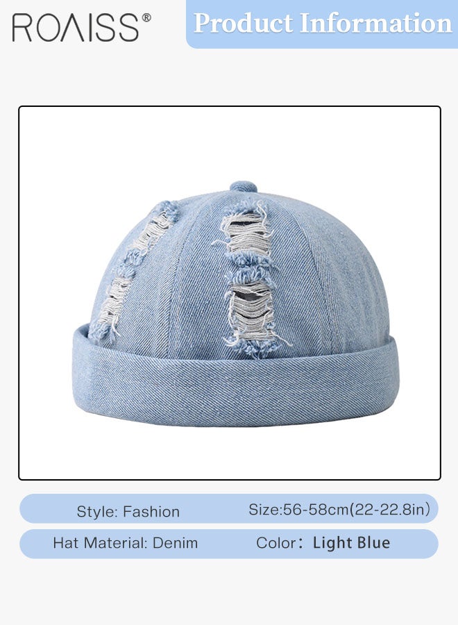 Men's Denim Beanie Hat, Spring and Summer Ripped Street Hip-hop Washed Landowner Cap, Adjustable Doceker Cap (Light Blue, One Size)