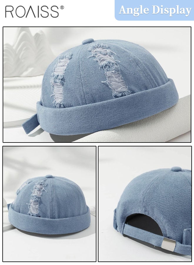 Men's Denim Beanie Hat, Spring and Summer Ripped Street Hip-hop Washed Landowner Cap, Adjustable Doceker Cap (Light Blue, One Size)