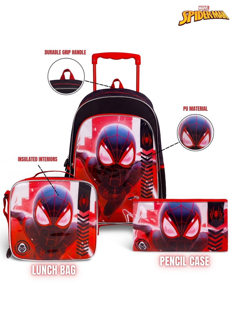Spider Man  18 Inch Kids 3-in-1 Trolley School Bag Set - Ergonomic Backpack, Insulated Lunch Bag & Pencil Case,Lightweight, Durable, Students 6+ - Perfect for Travel & School,For Boys