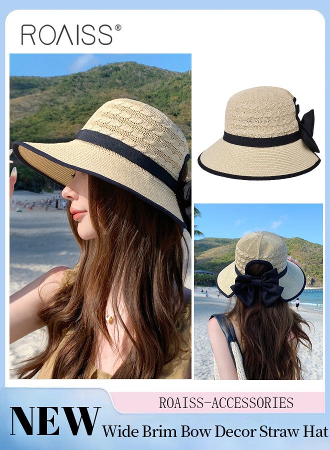 Women's Wide Brim Bow Decor Straw Hat, Cool Breathable Sun Protection Ponytail Hat, Summer Beach Outdoor Hat Garden Fishing Hiking