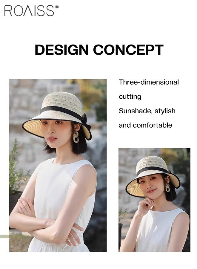 Women's Wide Brim Bow Decor Straw Hat, Cool Breathable Sun Protection Ponytail Hat, Summer Beach Outdoor Hat Garden Fishing Hiking