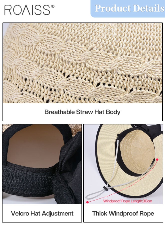 Women's Wide Brim Bow Decor Straw Hat, Cool Breathable Sun Protection Ponytail Hat, Summer Beach Outdoor Hat Garden Fishing Hiking