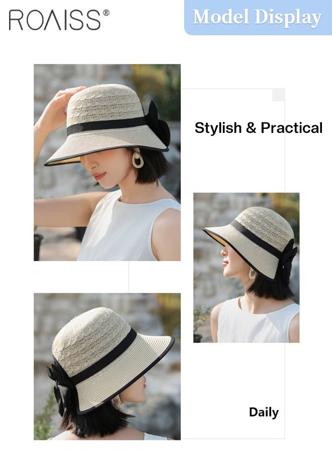 Women's Wide Brim Bow Decor Straw Hat, Cool Breathable Sun Protection Ponytail Hat, Summer Beach Outdoor Hat Garden Fishing Hiking