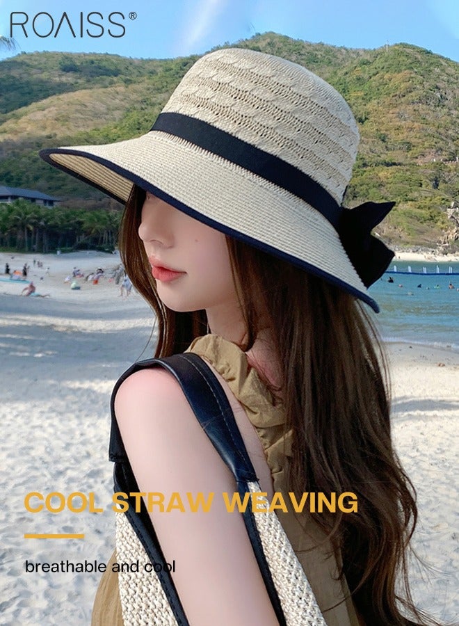 Women's Wide Brim Bow Decor Straw Hat, Cool Breathable Sun Protection Ponytail Hat, Summer Beach Outdoor Hat Garden Fishing Hiking