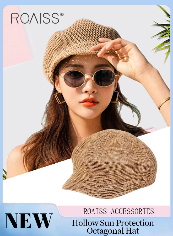 Hollow Sun Protection Octagonal Hat for Women, Breathable Mesh Straw Beret, Summer Beach Outdoor Hat Garden Fishing Hiking, Adjustable Size