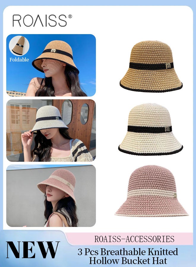 3 Pcs Breathable Knitted Hollow Bucket Hat, Foldable Sun Visor Hat With Letter Decoration, Summer Outdoor Beach Garden Fishing Hiking