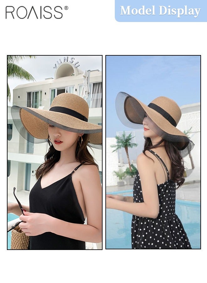 Wide Brim Floppy Straw Hat for Women， Foldable Breathable Sun Hat with Mesh Decoration, Summer UV Protection Beach Cap Black Khaki