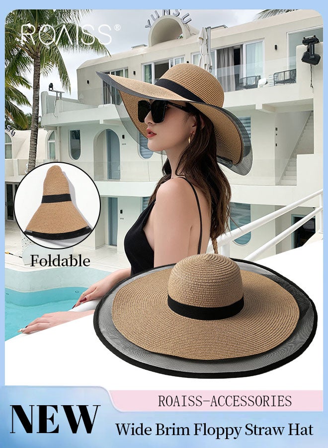 Wide Brim Floppy Straw Hat for Women， Foldable Breathable Sun Hat with Mesh Decoration, Summer UV Protection Beach Cap Black Khaki