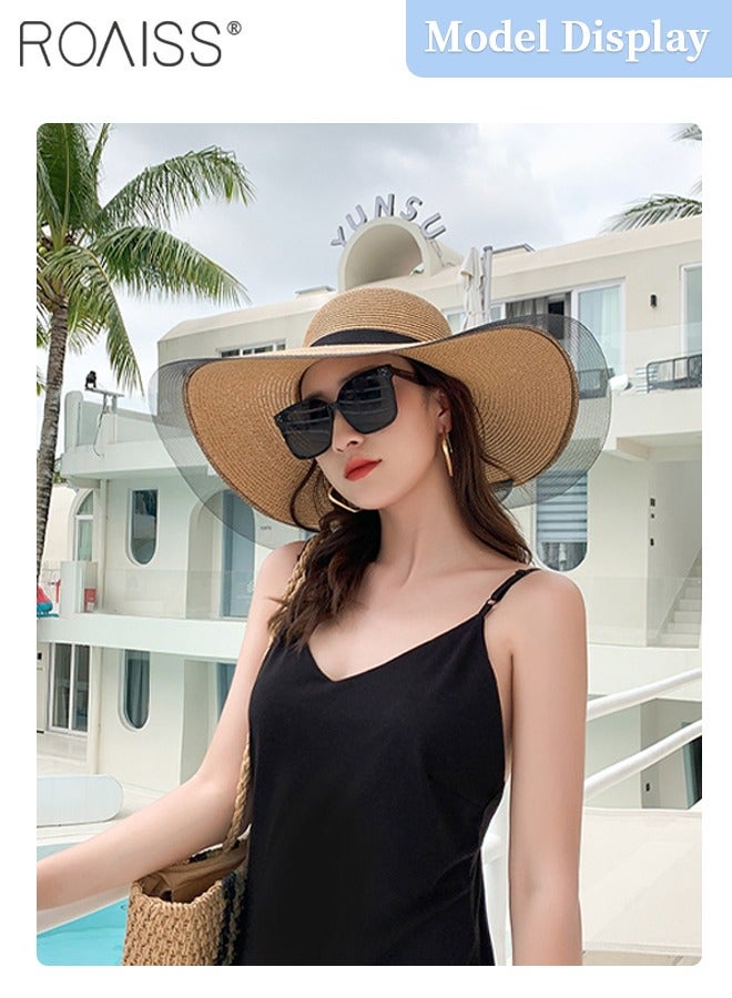 Wide Brim Floppy Straw Hat for Women， Foldable Breathable Sun Hat with Mesh Decoration, Summer UV Protection Beach Cap Black Khaki