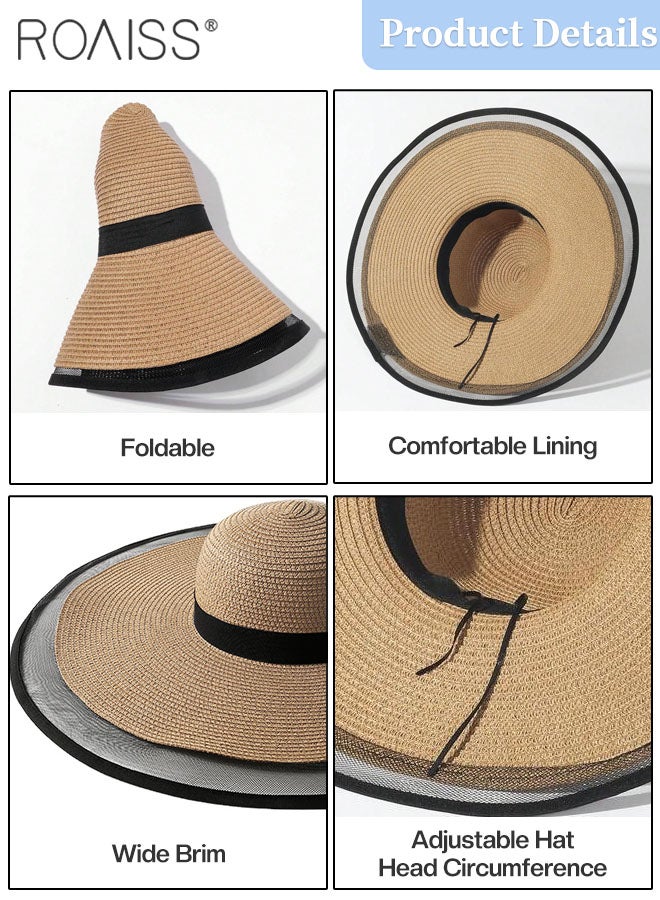 Wide Brim Floppy Straw Hat for Women， Foldable Breathable Sun Hat with Mesh Decoration, Summer UV Protection Beach Cap Black Khaki