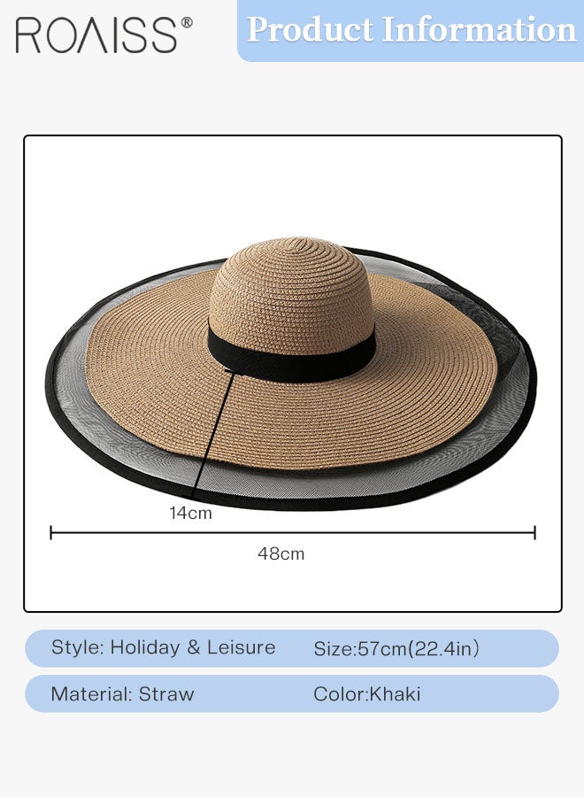 Wide Brim Floppy Straw Hat for Women， Foldable Breathable Sun Hat with Mesh Decoration, Summer UV Protection Beach Cap Black Khaki