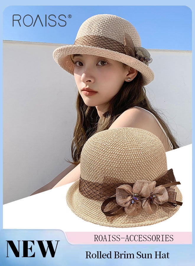 Rolled Brim Sun Hat for Women, Lightweight Breathable Sun Hat with Flower Decoration, Summer Beach Outdoor Fashion Accessory