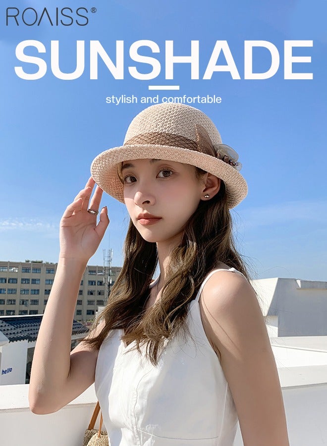 Rolled Brim Sun Hat for Women, Lightweight Breathable Sun Hat with Flower Decoration, Summer Beach Outdoor Fashion Accessory