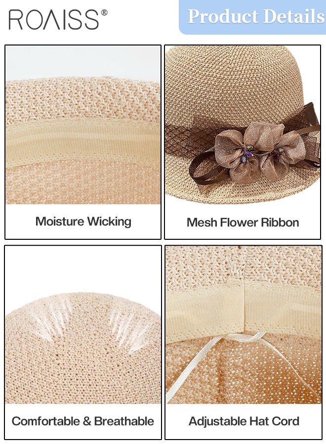 Rolled Brim Sun Hat for Women, Lightweight Breathable Sun Hat with Flower Decoration, Summer Beach Outdoor Fashion Accessory