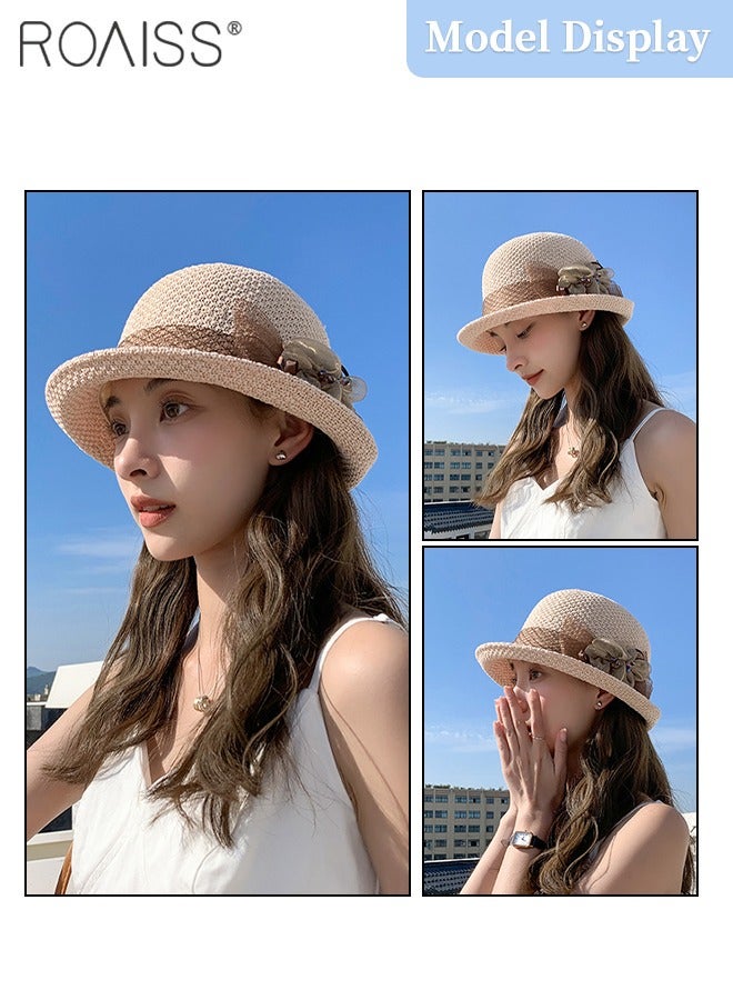 Rolled Brim Sun Hat for Women, Lightweight Breathable Sun Hat with Flower Decoration, Summer Beach Outdoor Fashion Accessory