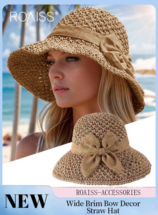 Women's Wide Brim Bow Decor Straw Hat, Lightweight Breathable Sun Hat with UV Protection for Summer Beach Outdoor, Fashion Accessories