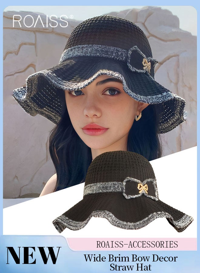 Women's Wide Brim Bow Decor Straw Hat, Summer Breathable Beach Straw Hat with Ruffle Brim, Foldable Outdoor Sun Hat, Fashion Accessories