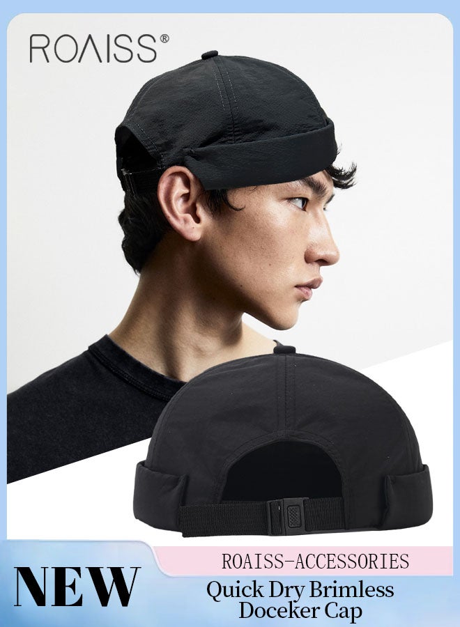 Men's Retro Brimless Cap, Summer Quick Dry Brimless Doceker Cap, Street Trend Cool Black, Adjustable Size