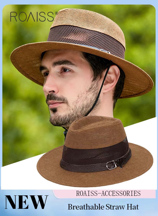 Men's Summer Wide Brim Sun Hat, Hollow Mesh Straw Beach Hat, Outdoor Beach Sun Protection Breathable Straw Hat, Suitable for Climbing, Cycling, Running