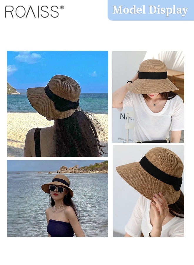 Women's Wide Brim Straw Hat, Black Bowknot Ribbon Foldable Portable Sun Cap, Breathable UV Protection for Outdoor Sports, Cycling, Hiking