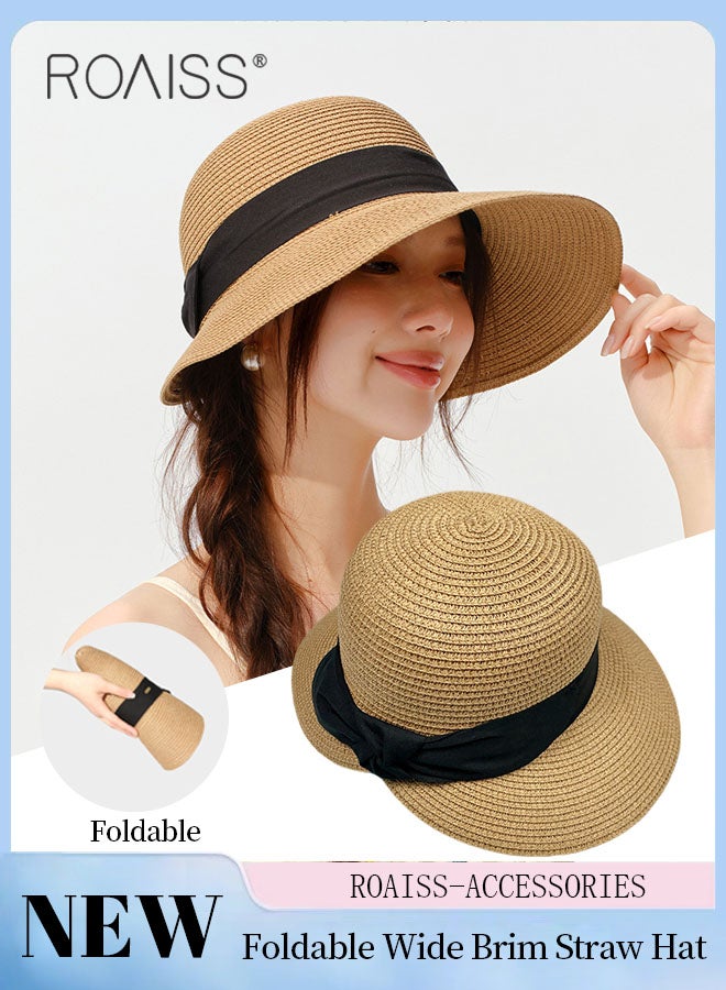 Women's Wide Brim Straw Hat, Black Bowknot Ribbon Foldable Portable Sun Cap, Breathable UV Protection for Outdoor Sports, Cycling, Hiking