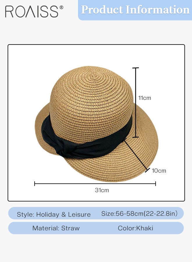 Women's Wide Brim Straw Hat, Black Bowknot Ribbon Foldable Portable Sun Cap, Breathable UV Protection for Outdoor Sports, Cycling, Hiking