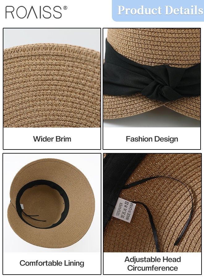 Women's Wide Brim Straw Hat, Black Bowknot Ribbon Foldable Portable Sun Cap, Breathable UV Protection for Outdoor Sports, Cycling, Hiking