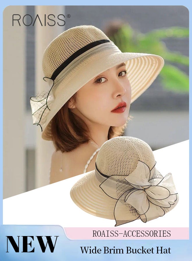 Women's Wide Brim Bucket Hat, Lightweight Breathable UV Protection Sun Hat with Flower Decoration, Suitable for Summer Beach Outdoor