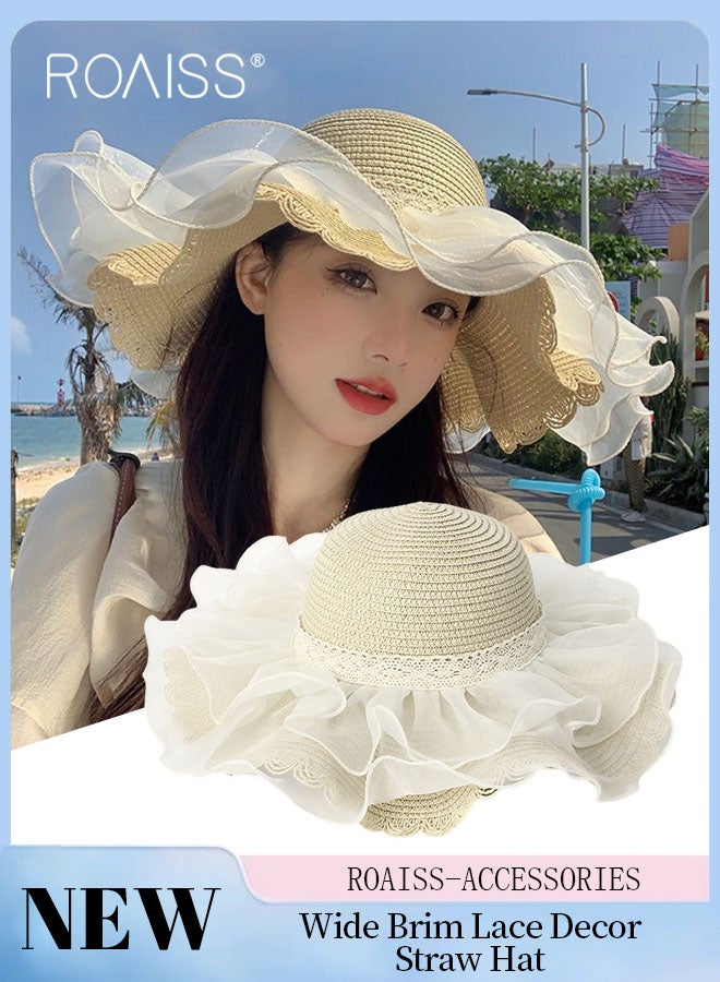 Women's Wide Brim Lace Decor Straw Hat, Summer Sun Protection Wave Hat, Stylish Breathable Beach Straw Hat for Women Beige