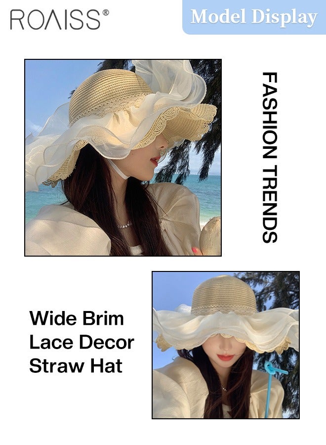 Women's Wide Brim Lace Decor Straw Hat, Summer Sun Protection Wave Hat, Stylish Breathable Beach Straw Hat for Women Beige