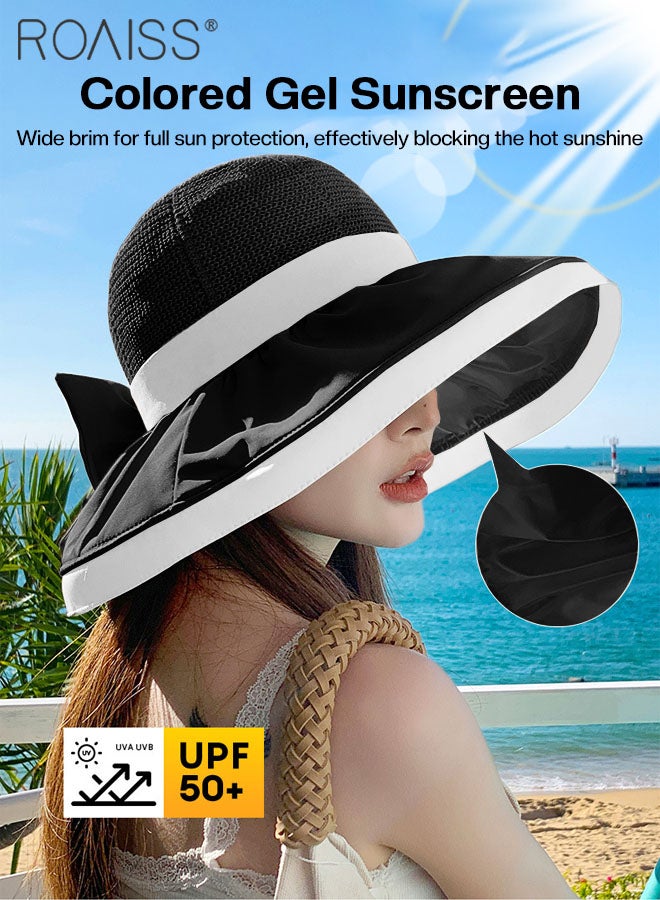 Wide Brim Bow Decor Sun Hat for Women, UPF 50+ UV Protection Lightweight Breathable Sun Hat for Summer Seaside Sun Shade Travel Vacation Leisure