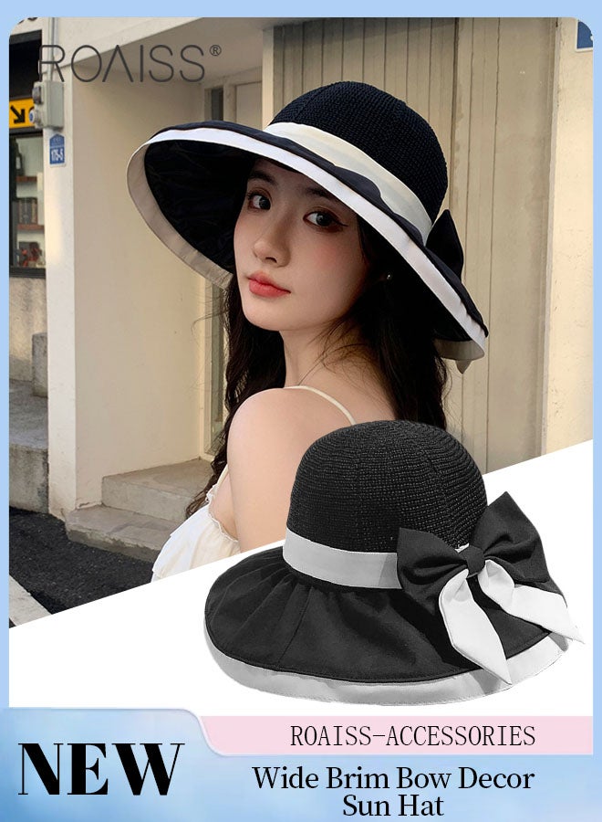 Wide Brim Bow Decor Sun Hat for Women, UPF 50+ UV Protection Lightweight Breathable Sun Hat for Summer Seaside Sun Shade Travel Vacation Leisure