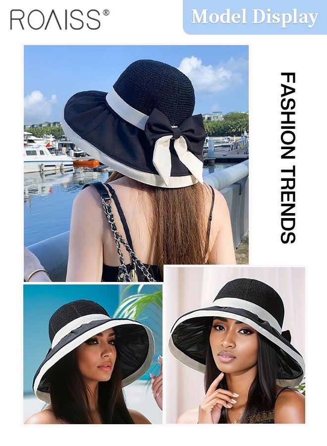 Wide Brim Bow Decor Sun Hat for Women, UPF 50+ UV Protection Lightweight Breathable Sun Hat for Summer Seaside Sun Shade Travel Vacation Leisure