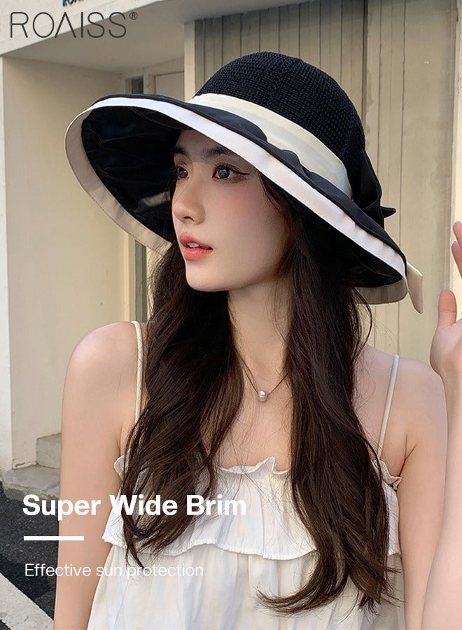 Wide Brim Bow Decor Sun Hat for Women, UPF 50+ UV Protection Lightweight Breathable Sun Hat for Summer Seaside Sun Shade Travel Vacation Leisure