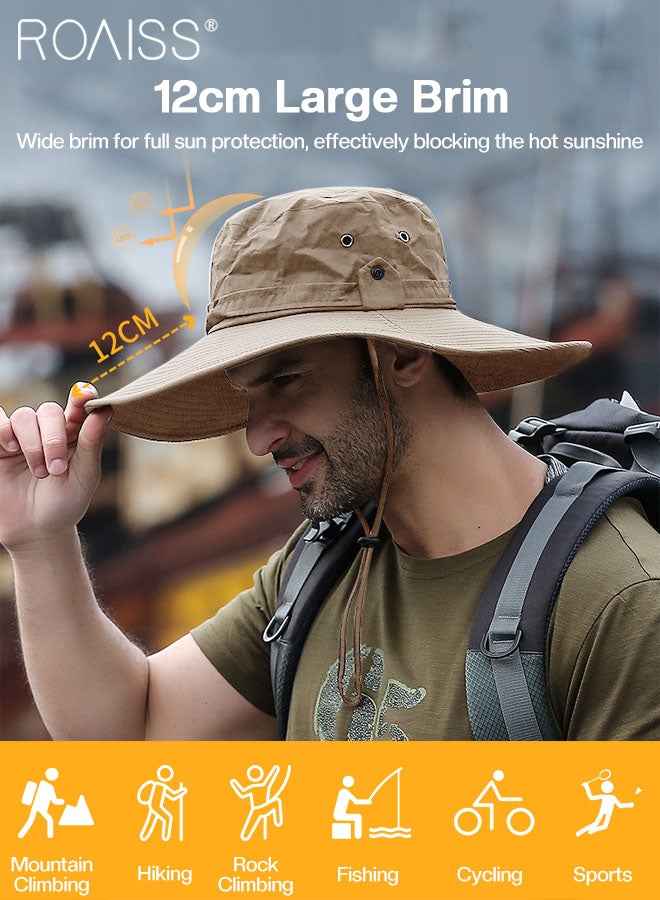 Women's Spring Autumn Wide Brim Fishing Cap with Windproof Rope Outdoor Camping Adventure Quick Dry Breathable Sunscreen Bucket Hat Cowboy Hat