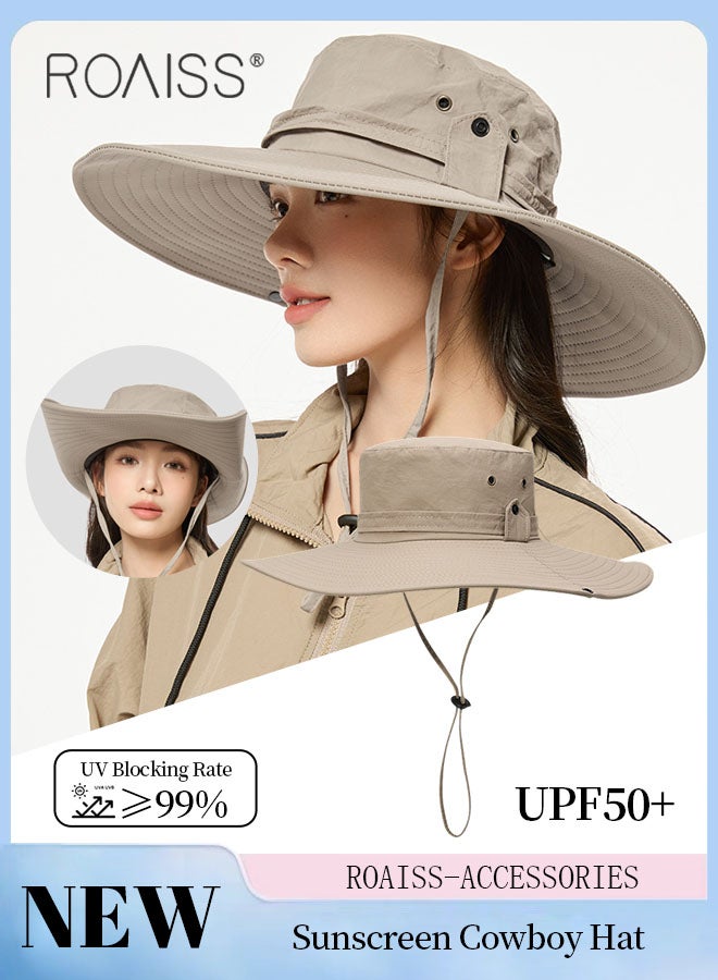 Women's Spring Autumn Wide Brim Fishing Cap with Windproof Rope Outdoor Camping Adventure Quick Dry Breathable Sunscreen Bucket Hat Cowboy Hat