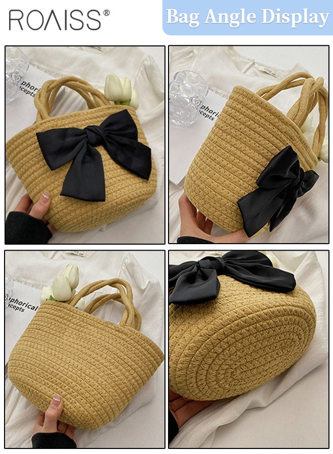 2 Pcs Straw Hat and Straw Bag Set, Wide Brim Sun Hat with Bow Decoration, Summer Outdoor UV Protection Beach Hat and Bow Handbag for Women