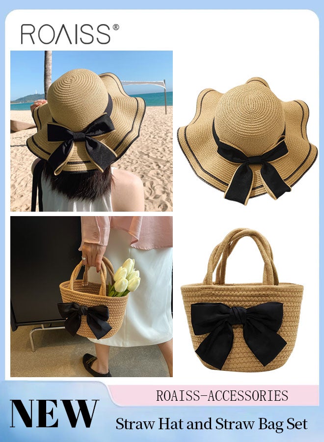 2 Pcs Straw Hat and Straw Bag Set, Wide Brim Sun Hat with Bow Decoration, Summer Outdoor UV Protection Beach Hat and Bow Handbag for Women