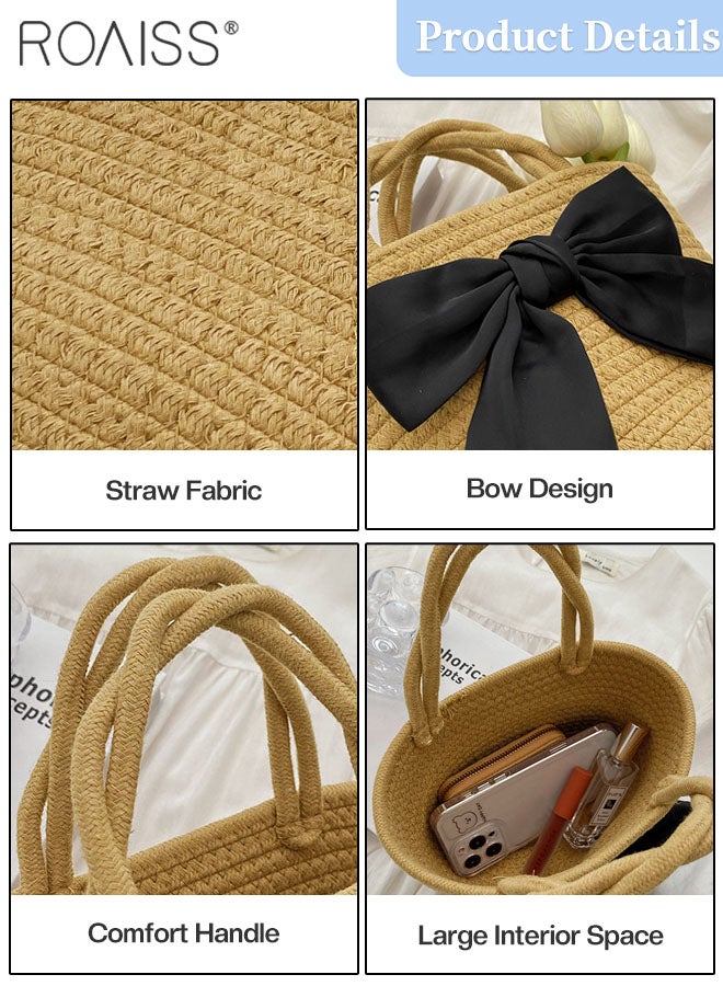 2 Pcs Straw Hat and Straw Bag Set, Wide Brim Sun Hat with Bow Decoration, Summer Outdoor UV Protection Beach Hat and Bow Handbag for Women