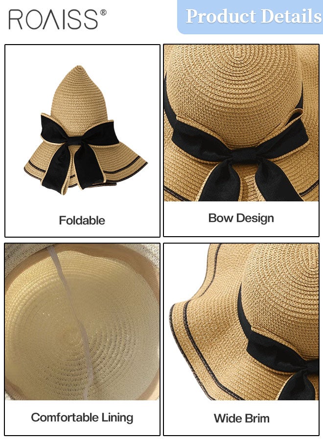 2 Pcs Straw Hat and Straw Bag Set, Wide Brim Sun Hat with Bow Decoration, Summer Outdoor UV Protection Beach Hat and Bow Handbag for Women