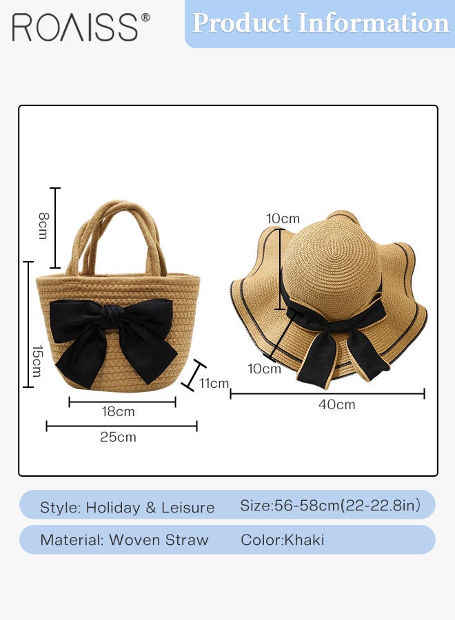 2 Pcs Straw Hat and Straw Bag Set, Wide Brim Sun Hat with Bow Decoration, Summer Outdoor UV Protection Beach Hat and Bow Handbag for Women